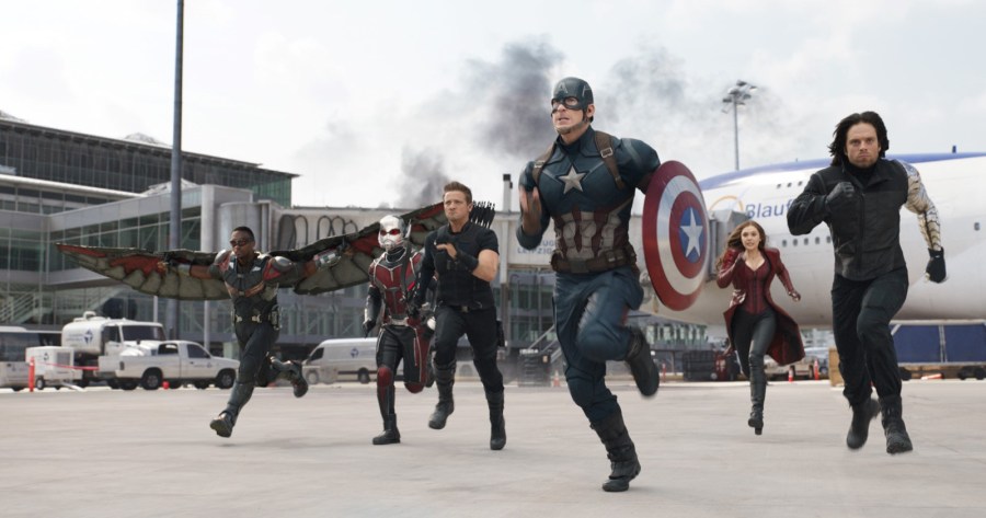 Marvel's Captain America: Civil War L to R: Falcon/Sam Wilson (Anthony Mackie), Ant-Man/Scott Lang (Paul Rudd), Hawkeye/Clint Barton (Jeremy Renner), Captain America/Steve Rogers (Chris Evans), Scarlet Witch/Wanda Maximoff (Elizabeth Olsen), and Winter Soldier/Bucky Barnes (Sebastian Stan) Photo Credit: Film Frame © Marvel 2016